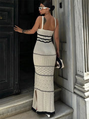 Women's Sexy Hollow Out Spaghetti Strap Long Dress Contrasting Knit Elegant Backless Side Slit Holiday Party Maxi Dress