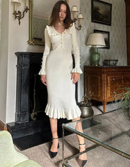 Elegant Ruffled Women Dress Long Pit Stripe Knit Dresses For Winter Autumn Retro Lapel Pearl Button Fall Fashion Vestidos Robes