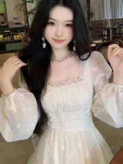 Women Summer Elegant Fairy Midi Dress Causal Long Sleeve Vintage Party Dress Female Ruffles Party Gown Dress Korean Chic Y2k New