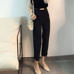 Elegant Summer Casual Pants Women Fashion Solid Color Sashes Slim Straight Trousers Chic Business Mujer Retro Belt Korean Style