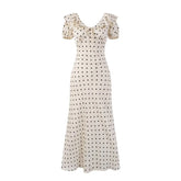 French Retro Polka Dot Print Long Dress Sweet Chic V-neck Summer Women Dress Short Sleeve High Waist Elegant Lady Dresses 2025