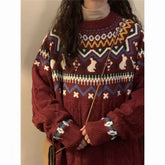 Pbong Red Christmas Pattern Knitted Sweater Loose round Neck Pullover for Women Couples Matching American Retro College Style