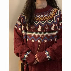 Pbong Red Christmas Pattern Knitted Sweater Loose round Neck Pullover for Women Couples Matching American Retro College Style