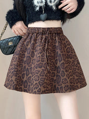 Y2K Leopard Mini Skirt Women High Waist Faux Suede Fabric A Line Skirts Streetwear Fall Winter Loose Vintage Sexy Skirts