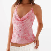 Women Sequin Beaded Halter Top Boho Sparkly Cowl Neck Tank Tops Rhinestone Embellished Y2k Cross Tie Backless Camisole Tops Vest