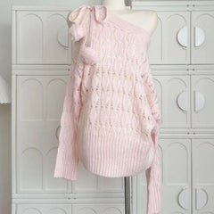 Sweet Sexy Hollow Out Knitted Pullover Women Off Shoulder Japanese Style Elegant Sweater Kawaii Lolita Lace Up Jumpers