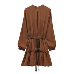 Lantern Sleeve Brown Vintage Short Dress Ruffle Spring Summer Women Dress With Belt Hollow Out Loose Fashion Vestidos New