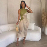 Casual Women Dress Sleeveless Color Patchwork Knit Ribbed Streetwear Long Dress Summer Clothes For Women Vestidos