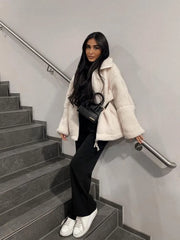 Grey Wool Fleece Stand Collar Women's Coat Lambswool Zipper Up Long Sleeve Loose Jackets Autumn Winter Chic Casual Outwears