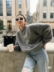autumn and winter new 100% cashmere sweater women's grey round neck pullover knitted wool loose thick sweater