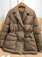 Winter Women White Duck Down Coat Female Notched Collar Double Breasted Coat Casual Lady Drawstring Puffer Outwear