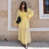 Fashion V-neck Long Sleeve Shirt And Long Skirt Women Set Yellow Ruffle Chic Top + Slit Skirt Vacation Beach Summer 2 Piece Set