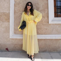 Fashion V-neck Long Sleeve Shirt And Long Skirt Women Set Yellow Ruffle Chic Top + Slit Skirt Vacation Beach Summer 2 Piece Set