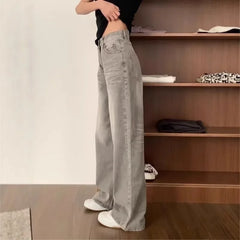 Pbong High Waist Wide Leg Jeans Women's Vintage Spring Autumn Slimming Straight Floor-Length Pants American Style Loose Fit