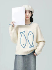 O Neck Vintage Print Sweaters Women Preppy Style Japan Lazy Wind Knitted Jumper Loose Long Sleeve Retro Sweet Cute Pullover