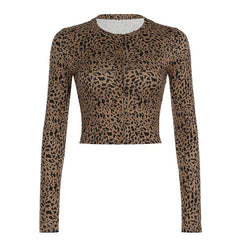 Leopard Sexy Single Breasted Women's Tops Long Sleeve Slim Fit Gyaru Clothing Streetwear Trendy T-Shirts Autumn