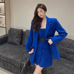Women Fashion 2 Piece Dress Suits Blue Black Belted A Line Dress&Long Sleeve Blazer Jacket Outfits Elegant Lady 2PC Skirt Sets