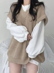 Autumn Winter Sweater Vest Women Korean Fashion Preppy Style Knitted Sweater Female Oversized Casual Loose Sleeveless Pullovers