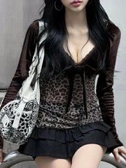 Y2k Retro Leopard Lace Trim V-Neck Blouses Women Velvet Long Sleeve Chic T-Shirt Trendy Clothes Autumn New