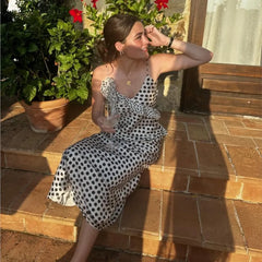 Women's Polka Dot Layered Decorative Satin Sleeveless Suspender Dress Ruffle Slim Chic Party Dress Fashion Female Clothing 2025