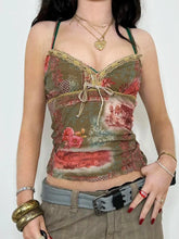 Plant And Floral Print Vintage Y2K Aesthetic Mesh Camisole Women Tie Lace Trim Cute Kawaii Clothes