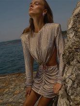 Women Elegant Luxury Flower Backless Long Sleeve Beading Mini Dress Vestidos Para Mujer Formal Occasion Dresses Evening Party