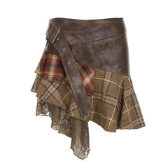 American Retro Asymmetrical Women's Mini Skirts Lace Stripes Plaid Leather Irregular Fashion Chic Design Short Dresses