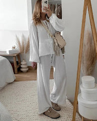Leopard Print Women's 2-piece Pants Set Lace Up Lantern Sleeve O-neck Top Loose High Waist Pant Spring Lady Casual Outfits