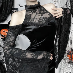 Halloween Long-sleeved Witch Dress for Women Fashion Elegant Evening Party Dresses Sexy Slim Fit Lace Splicing