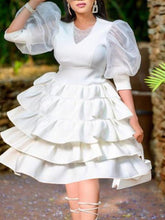 Women White Cake Dresses Bubble Lantern Sleeves Patchwork Party Fashion Lovely Celebrate Occasion Event Lolita Female Robes New Pbong mid size graduation outfit romantic style teen swag clean girl ideas 90s latina aesthetic