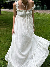Pbong Women White Long Dress Lace Trim Tie-up V Neck Sleeveless Ruffle Loose Tank Dress for Evening Party Club Bohemian Summer