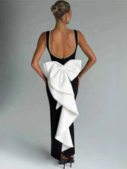 Elegant Pearl Bow Backless Sexy Maxi Dress Women Gown Fashion Sleeveless High Waist A-line Club Party Long Dress