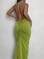 Green Backless Maxi Dress Elegant Halter Ruched Evening Party Dresses for Women Summer Sleeveless Slim Long Club Outfits