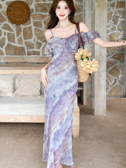 Womens Pink Floral Chic Off Shoulder Sexy Sling Long Dress Summer Elegant Ruffled Casual Dress 2025 Korena Fashion Bodycon Dress