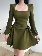 Korean Style Spring A-Line Dress For Women Square Collar Puff Sleeve Mini Dresses Casual Elegant Ladies Robe