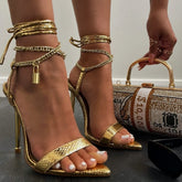 Summer Sexy Luxury Trend Women Pumps Thin High Heel Peep Toe Ankle Lace Strap Metal Chain Decoration Ladies Shoes Female