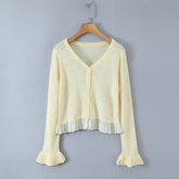 Patchwork Knitting Spring Summer Cardigan Top Women's V-neck Button Solid Casual Thin Jacket Flare Sleeve Ruffle All-match Coat