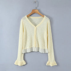 Patchwork Knitting Spring Summer Cardigan Top Women's V-neck Button Solid Casual Thin Jacket Flare Sleeve Ruffle All-match Coat