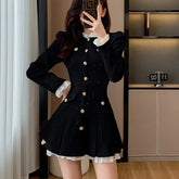 Korean Vintage Women Tweed Dresses 2025 Autumn New O-neck French Pleated A-line Party Short Dress Fashion Female Mini Vestidos