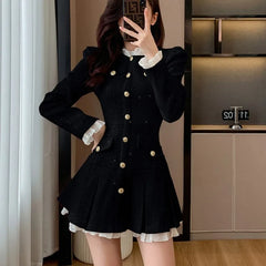 Korean Vintage Women Tweed Dresses 2025 Autumn New O-neck French Pleated A-line Party Short Dress Fashion Female Mini Vestidos