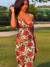 Fashion Red Flower Print Bodycon Long Skirt Set Women Backless Sleeveless Tank Tops High Waist Skirts Sexy Beach Vocation Outfit