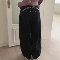 Pbong Women's Sweet Casual Full Length Baggy Denim Trouser Retro Emo Harajuku Loose Jeans Letter Embroidery High Waist Y2K 2000s Pants