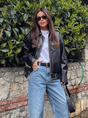 Women Elegant Solid Zipper Bomber Jacket Fashion Lapel Long Sleeve Elastic Waist Leather Autumn Female Chic High Streetwear