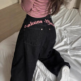 Pbong Women's Sweet Casual Full Length Baggy Denim Trouser Retro Emo Harajuku Loose Jeans Letter Embroidery High Waist Y2K 2000s Pants