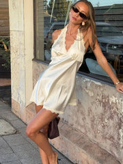 Lace Halter Mini Dress For Women V neck Sleeveless Elegant Splice Lace Up Dress Bodycon Female Club Party Backless Dress