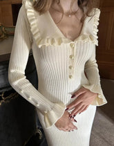 Elegant Ruffled Women Dress Long Pit Stripe Knit Dresses For Winter Autumn Retro Lapel Pearl Button Fall Fashion Vestidos Robes