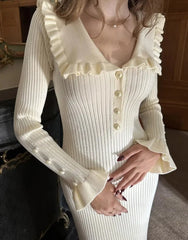 Elegant Ruffled Women Dress Long Pit Stripe Knit Dresses For Winter Autumn Retro Lapel Pearl Button Fall Fashion Vestidos Robes