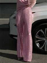 Pbong Women Sequin Wide Leg Pants Stretchy High Waist Loose Straight Trousers Club Party Elegant Long Pants Streetwear