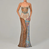 Leopard Print Sexy Maxi Dress For Women Lace Gown Patchwork Chiffon Sleeveless Backless Slit Dress Female Vacation Beach Dresses