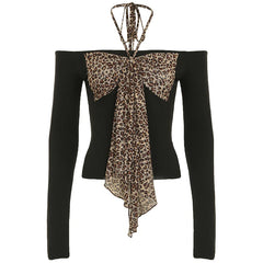 Y2k Retro Women Halter Tops Off Shoulder Leopard Bow Lace-up Fashion Chic Slash Collar Long Sleeve T-Shirts